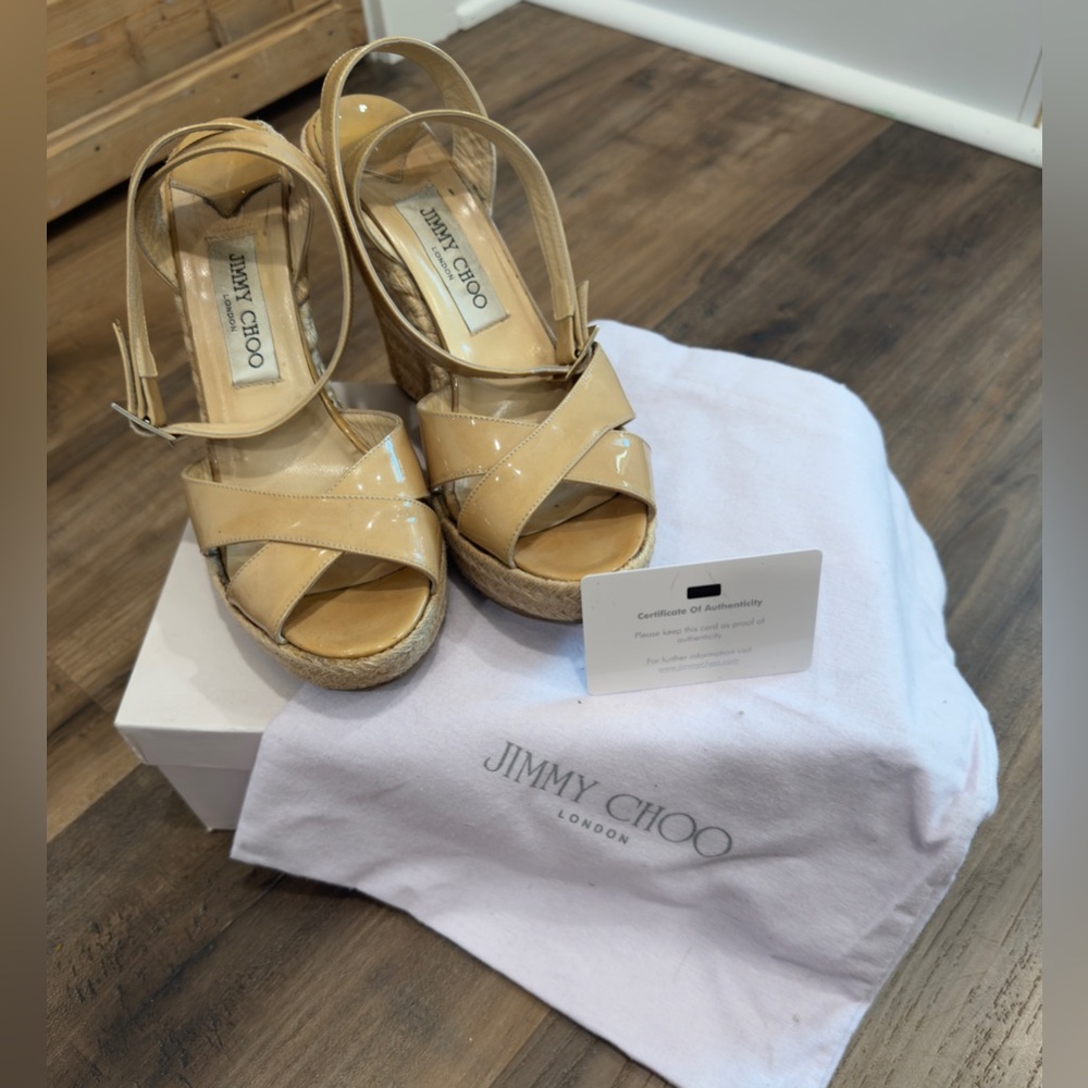 Jimmy Choo Nude Patent Leather Phoenix Sandal Size 39